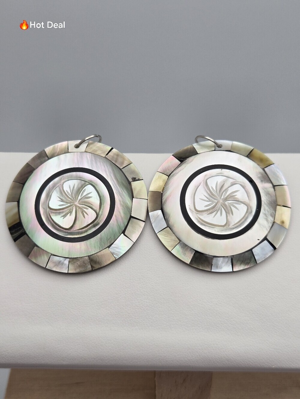 Artisan Mother of Pearl Iridescent Mosaic Dangle Earrings Sterling 2.5" Vintage